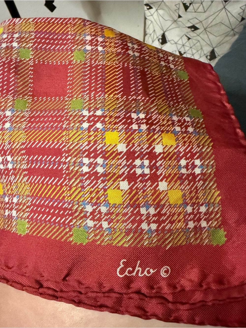 Echo Red Plaid Silk Scarf with Yellow and Green Accents